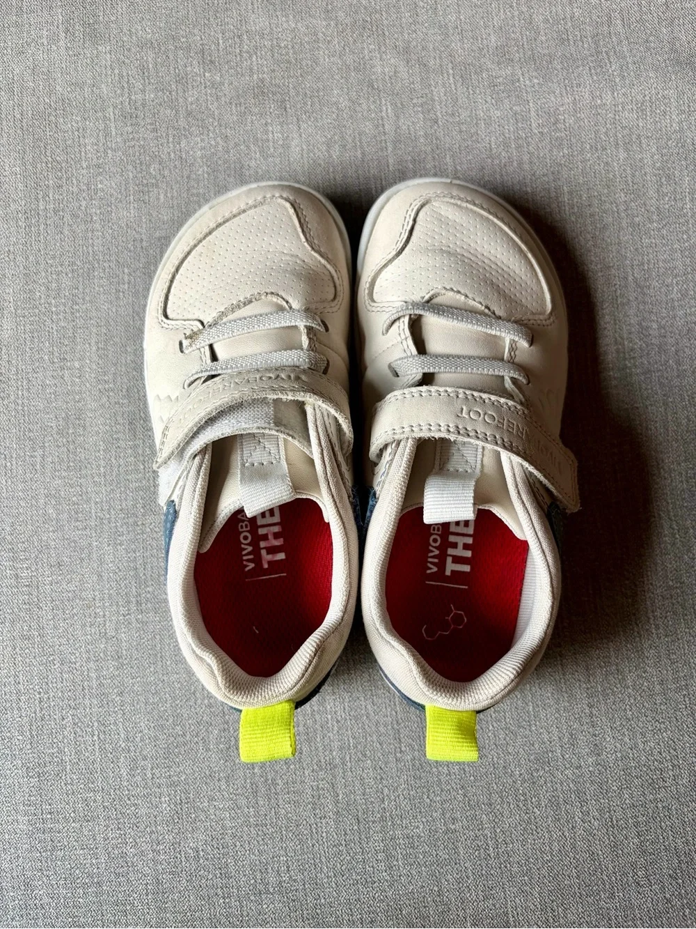 Vivo barefoot Kids White Sneakers with Navy Accents and Neon Yellow Pull Tab